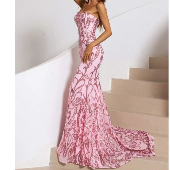 Formal Sequin detail Maxi Dress with train Pink - Picture 7 of 15